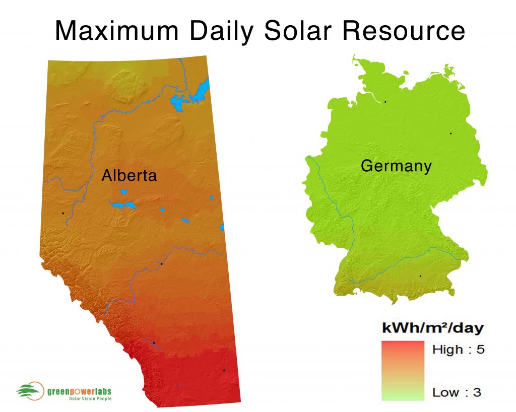 The maximum daily solar resource for Alberta on the left and Germany on the right.