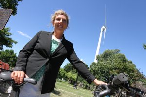 Deb Doncaster at the Exhibition Place wind turbine. She helped get that project off the ground and is a key part of Ontario's renewable energy space. 