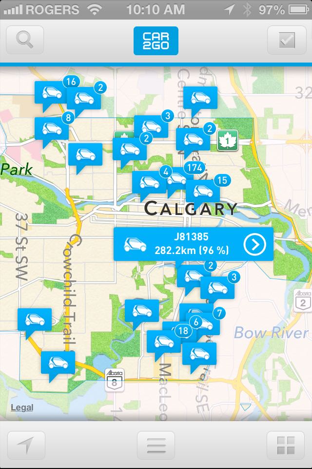 Just click on the free Car2Go app and a map showing all of the available cars pops up and you simply click on a car to reserve it, and then follow the map to pick up the car. Photo David Dodge