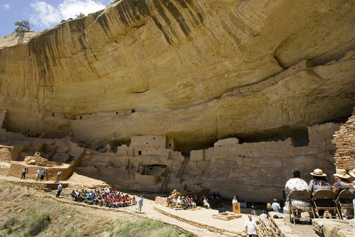 The cliff dwellings in Mesa Verde National Park are shaded by the overhang provided by the cliff. 