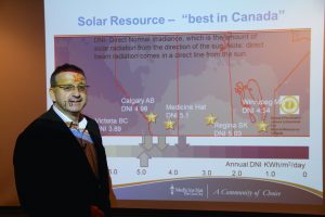 Keith Peddle of the City of Medicine Hat with slide showing solar resource.
