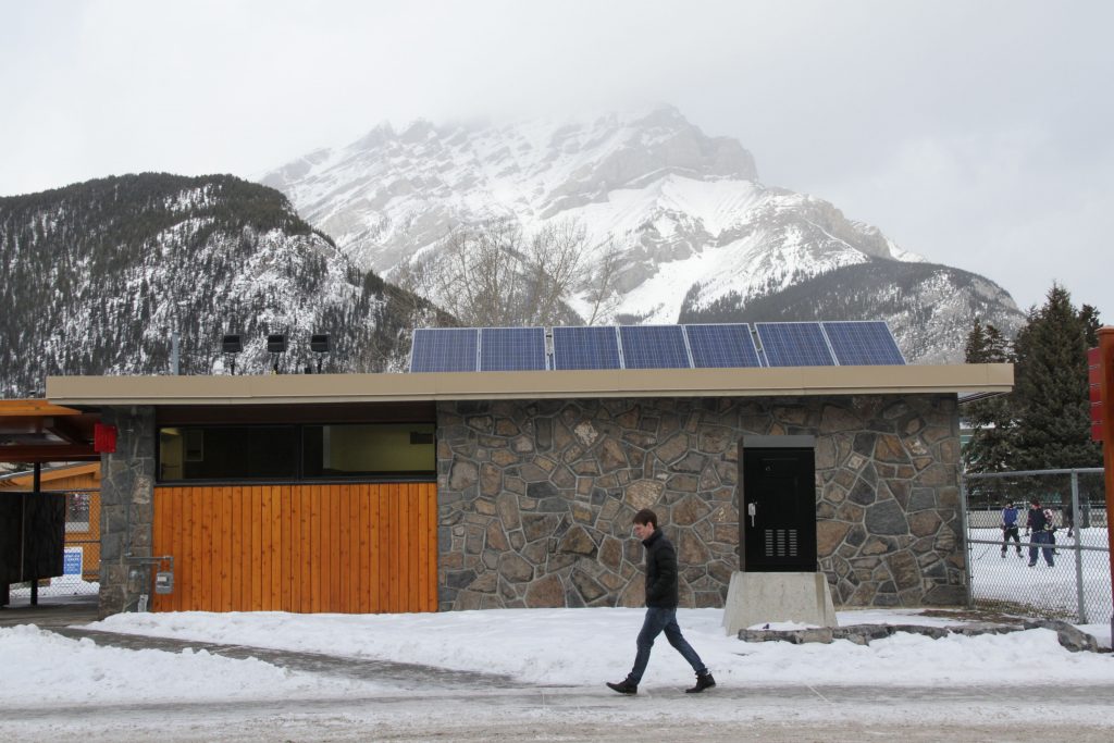Prior to launching the solar municipal feed-in-tariff program Banff invested in solar systems on public buildings such as the public washrooms in downtown Banff. Photo David Dodge, Green Energy Futures