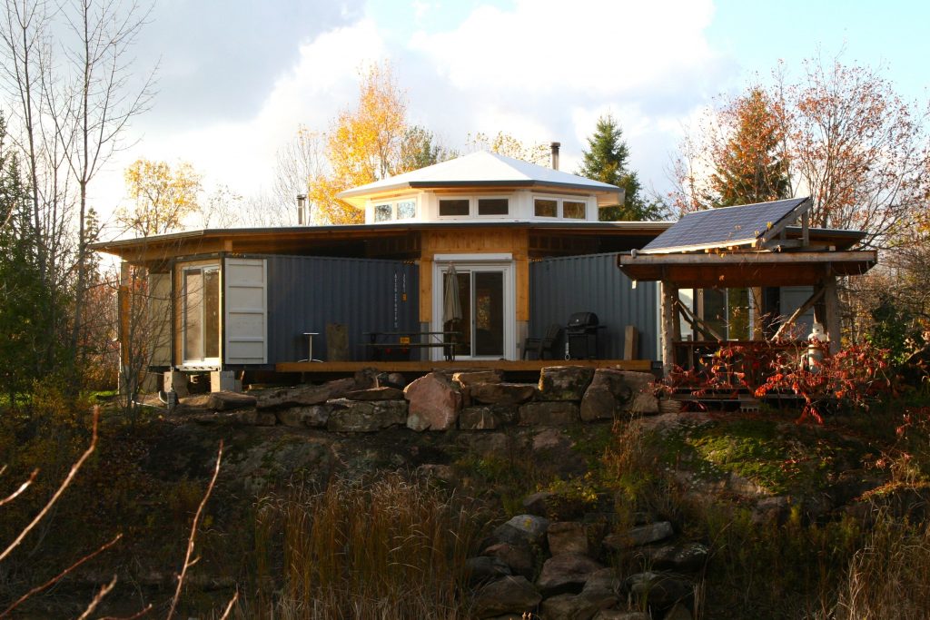 Jason Rioux's shipping container cabin. The cabin was built out of seven containers in a hub-and-spoke pattern near Bobcaygeon, Ontario. Photo Courtesy of Jason Rioux
