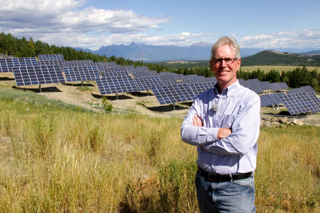 Kimberley Mayor Don McCormick at the mountain city's large sun tracking 1-megawatt solar farm a project designed to re-brand Kimberley as a modern, clean energy tourism town. Photo David Dodge, GreenEnergyFutures.ca
