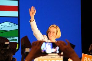 Alberta Premier Rachel Notley waves at supporters. Photo courtesy of Dave Cournoyer