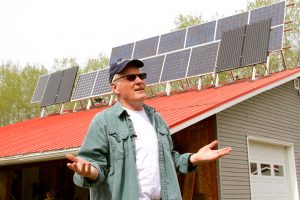 Bob started small and gradually built a 3.4 kilowatt solar system at the cabin in the woods. Today instead of replacing expensive batteries Bob has connected to the grid, to use it as his virtual battery. Photo David Dodge, GreenEnergyFutures.ca