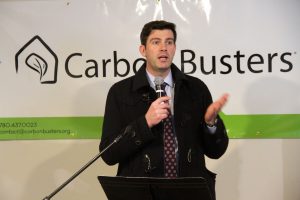 Mayor Don Iveson of Edmonton, Alberta celebrates his city's first carbon neutral, net-zero garage suite. Photo David Dodge GreenEnergyFutures.ca