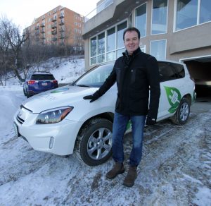 Kent Rathwell with one of only three RAV4 EVs that are in Canada. Only 2,600 were made for the California market and oddly enough they were manufactured in Canada. Photo David Dodge, Green Energy Futures