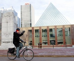 Councillor Ben Henderson of Edmonton, Alberta. Henderson is a winter cyclist and is pictured outside of Edmonton’s city hall