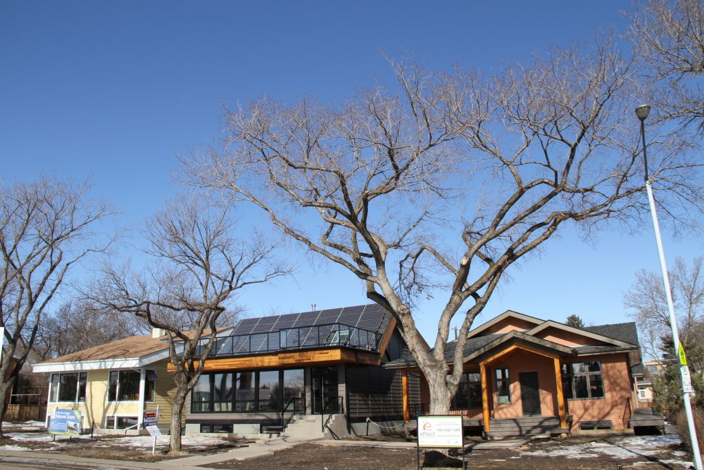 The Belgravia Green net-zero home project by Effect Homes. One net-zero home (middle) and two near net-zero homes were built next to each other. 